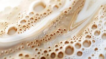 Close up abstract brown caramel shapes latte art in coffee. Liquid texture coffee background macro. Cappuccino and milk foam close up view. High quality photo