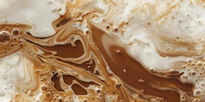 Close up abstract brown caramel shapes latte art in coffee. Liquid texture coffee background macro. Cappuccino and milk foam close up view. High quality photo