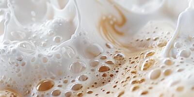 Close up abstract brown caramel shapes latte art in coffee. Liquid texture coffee background macro. Cappuccino and milk foam close up view. High quality photo