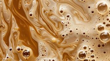 Close up abstract brown caramel shapes latte art in coffee. Liquid texture coffee background macro. Cappuccino and milk foam close up view. High quality photo