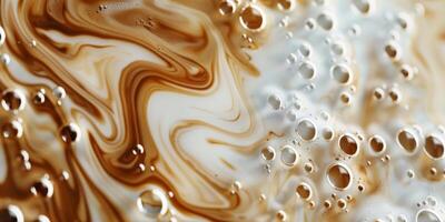 Close up abstract brown caramel shapes latte art in coffee. Liquid texture coffee background macro. Cappuccino and milk foam close up view. High quality photo
