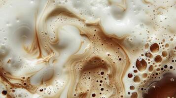 Close up abstract brown caramel shapes latte art in coffee. Liquid texture coffee background macro. Cappuccino and milk foam close up view. High quality photo