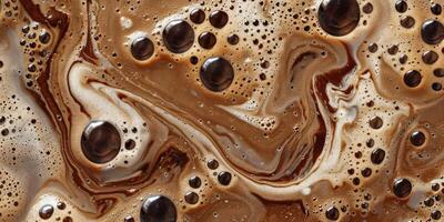 Close up abstract brown caramel shapes latte art in coffee. Liquid texture coffee background macro. Cappuccino and milk foam close up view. High quality photo