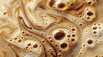 Close up abstract brown caramel shapes latte art in coffee. Liquid texture coffee background macro. Cappuccino and milk foam close up view. High quality photo