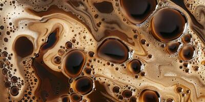 Close up abstract brown caramel shapes latte art in coffee. Liquid texture coffee background macro. Cappuccino and milk foam close up view. High quality photo