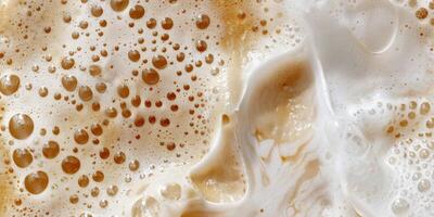 Close up abstract brown caramel shapes latte art in coffee. Liquid texture coffee background macro. Cappuccino and milk foam close up view. High quality photo