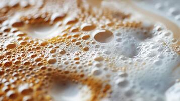 Close up abstract brown caramel shapes latte art in coffee. Liquid texture coffee background macro. Cappuccino and milk foam close up view. High quality photo