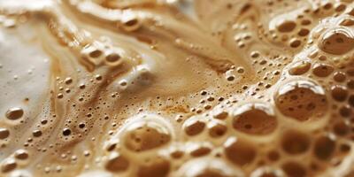 Close up abstract brown caramel shapes latte art in coffee. Liquid texture coffee background macro. Cappuccino and milk foam close up view. High quality photo