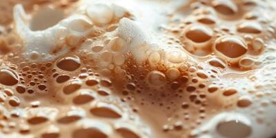Close up abstract brown caramel shapes latte art in coffee. Liquid texture coffee background macro. Cappuccino and milk foam close up view. High quality photo