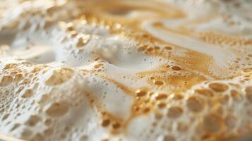 Close up abstract brown caramel shapes latte art in coffee. Liquid texture coffee background macro. Cappuccino and milk foam close up view. High quality photo