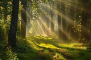 mágico verano paisaje en un soñador bosque, con rayos de luz de sol hermosamente esclarecedor el flota de niebla y pintura maravilloso colores dentro el arboles alto calidad foto