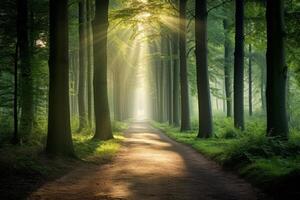 mágico verano paisaje en un soñador bosque, con rayos de luz de sol hermosamente esclarecedor el flota de niebla y pintura maravilloso colores dentro el arboles alto calidad foto