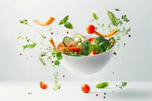 Flying vegetable salad ingredients over transparent and white bowl. Vitamins and healthy eating concept. High quality photo