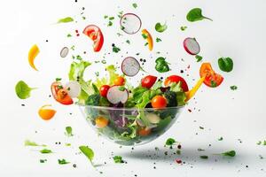 volador vegetal ensalada ingredientes terminado transparente y blanco bol. vitaminas y sano comiendo concepto. alto calidad foto