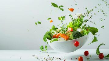 Flying vegetable salad ingredients over transparent and white bowl. Vitamins and healthy eating concept. High quality photo