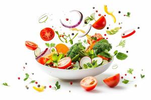 Flying vegetable salad ingredients over transparent and white bowl. Vitamins and healthy eating concept. High quality photo