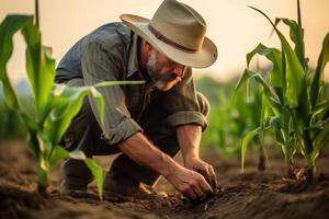 Farmer agronomist standing in green field, holding corn leaf in hands and analyzing maize crop. Agriculture, organic gardening, planting or ecology concept. High quality photo