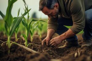 Farmer agronomist standing in green field, holding corn leaf in hands and analyzing maize crop. Agriculture, organic gardening, planting or ecology concept. High quality photo