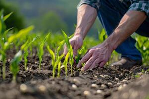 Farmer agronomist standing in green field, holding corn leaf in hands and analyzing maize crop. Agriculture, organic gardening, planting or ecology concept. High quality photo