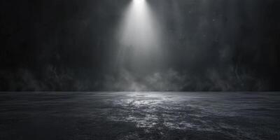 The dark stage shows, dark background, an empty dark scene, neon light, and spotlights. The concrete floor and studio room with smoke float up the interior texture. High quality photo