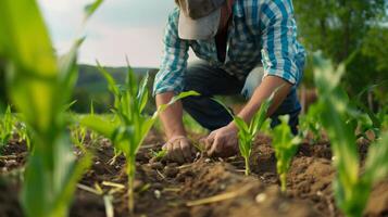 Farmer agronomist standing in green field, holding corn leaf in hands and analyzing maize crop. Agriculture, organic gardening, planting or ecology concept. High quality photo