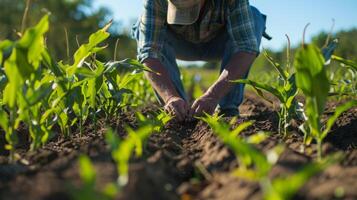 Farmer agronomist standing in green field, holding corn leaf in hands and analyzing maize crop. Agriculture, organic gardening, planting or ecology concept. High quality photo