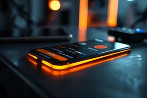 A close up of a mobile phone, resting on a table. Finance and Banking, payment in mobile app, real photo, black background, orange neon. High quality photo