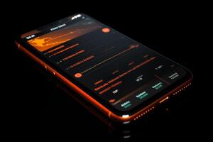 A close up of a mobile phone, resting on a table. Finance and Banking, payment in mobile app, real photo, black background, orange neon. High quality photo