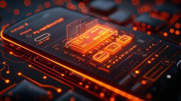 A closeup photo of a cell phone with a circuit board in the background, showcasing electronic engineering and components like computer hardware and electric orange color. High quality photo