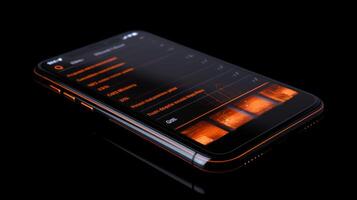 A close up of a mobile phone, a portable communications device, on a black background. High quality photo