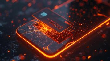 A closeup image of a cell phone placed on a motherboard, showcasing circuit components and electronic engineering. The amber light enhances the font on the communication device. High quality photo