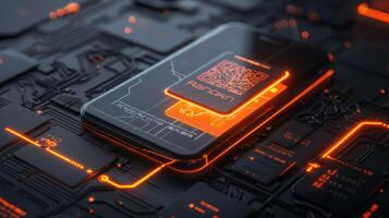 A closeup photo of a cell phone with a circuit board in the background, showcasing electronic engineering and components like computer hardware and electric orange color. High quality photo