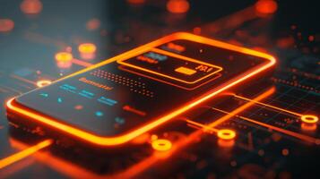 A closeup image of a cell phone placed on a motherboard, showcasing circuit components and electronic engineering. The amber light enhances the font on the communication device. High quality photo