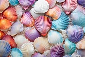 un colección de vibrante mar conchas arreglado simétricamente en un blanco superficie, exhibiendo natural belleza y intrincado patrones en eléctrico azul, magenta, y otro matices alto calidad foto