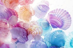 A collection of vibrant sea shells arranged symmetrically on a white surface, showcasing natural beauty and intricate patterns in electric blue, magenta, and other hues. High quality photo