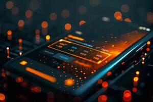 A closeup image of a cell phone placed on a motherboard, showcasing circuit components and electronic engineering. The amber light enhances the font on the communication device. High quality photo