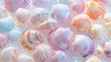 A collection of vibrant sea shells arranged symmetrically on a white surface, showcasing natural beauty and intricate patterns in electric blue, magenta, and other hues. High quality photo