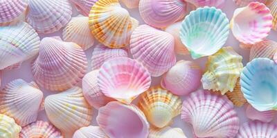 A collection of vibrant sea shells arranged symmetrically on a white surface, showcasing natural beauty and intricate patterns in electric blue, magenta, and other hues. High quality photo