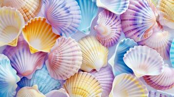 A collection of vibrant sea shells arranged symmetrically on a white surface, showcasing natural beauty and intricate patterns in electric blue, magenta, and other hues. High quality photo