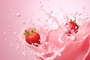 Strawberries with milk waves, Strawberry drink and strawberry yogurt advertising design. Strawberry milk shake, 3d render. High quality photo