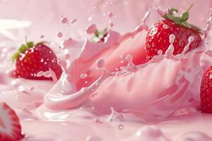 Strawberries with milk waves, Strawberry drink and strawberry yogurt advertising design. Strawberry milk shake, 3d render. High quality photo