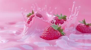 Strawberries with milk waves, Strawberry drink and strawberry yogurt advertising design. Strawberry milk shake, 3d render. High quality photo