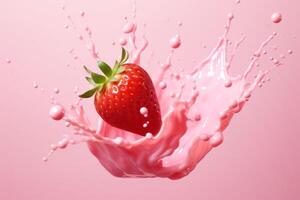 Strawberries with milk waves, Strawberry drink and strawberry yogurt advertising design. Strawberry milk shake, 3d render. High quality photo