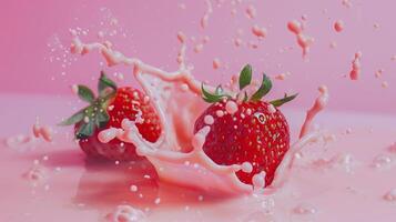 Strawberries with milk waves, Strawberry drink and strawberry yogurt advertising design. Strawberry milk shake, 3d render. High quality photo