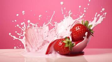 Strawberries with milk waves, Strawberry drink and strawberry yogurt advertising design. Strawberry milk shake, 3d render. High quality photo