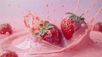 Strawberries with milk waves, Strawberry drink and strawberry yogurt advertising design. Strawberry milk shake, 3d render. High quality photo