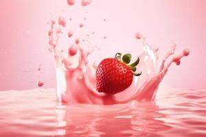 Strawberries with milk waves, Strawberry drink and strawberry yogurt advertising design. Strawberry milk shake, 3d render. High quality photo