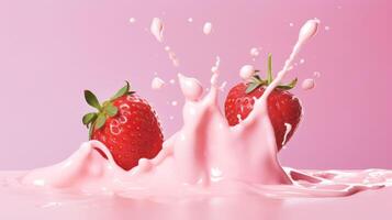 Strawberries with milk waves, Strawberry drink and strawberry yogurt advertising design. Strawberry milk shake, 3d render. High quality photo