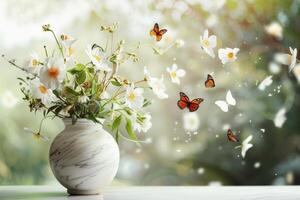 A beautiful vase filled with white flowers, with delicate butterflies gracefully flying around it, creating a serene and elegant scene of nature photo