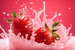 Strawberries with milk waves, Strawberry drink and strawberry yogurt advertising design. Strawberry milk shake, 3d render. High quality photo